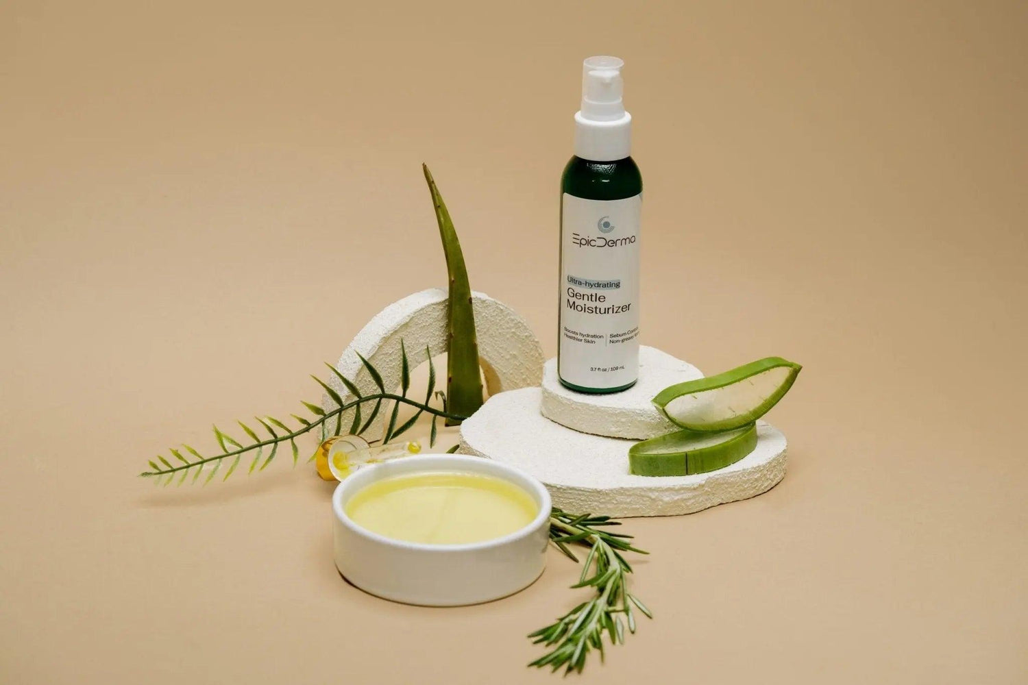 Gentle Moisturizer bottle with cotton petals delivering deep hydration and soothing relief – Epicderma