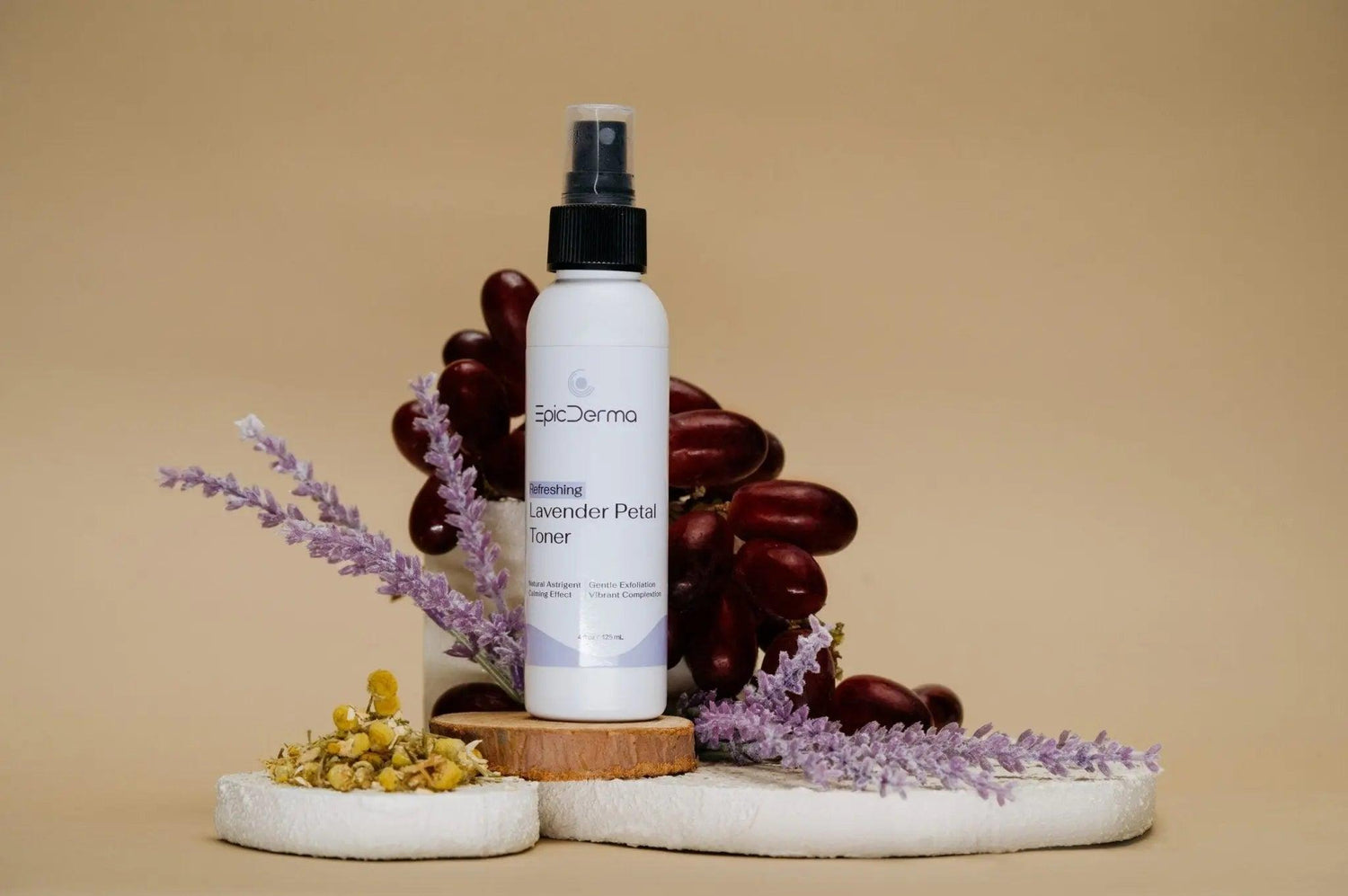 Lavender Petal Toner bottle hero shot with real petals for soothing hydration – Epicderma