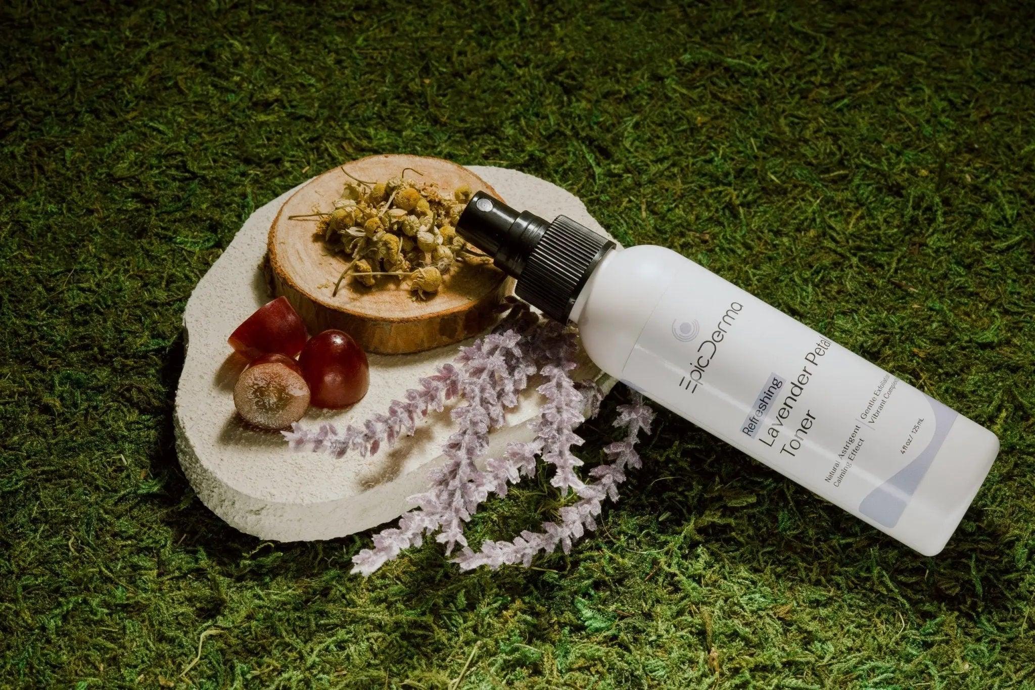 Spraying Lavender Petal Toner to soothe redness and hydrate skin – Epicderma